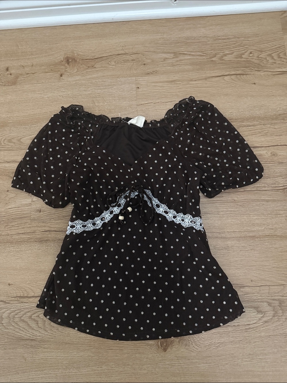 Y2k Style Brown/white Women’s Polka Dot Lace-Trim Puff Sleeve Top